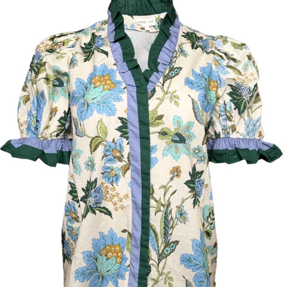 Entro Blue and Green Floral Ruffle Puff Sleeve Blouse